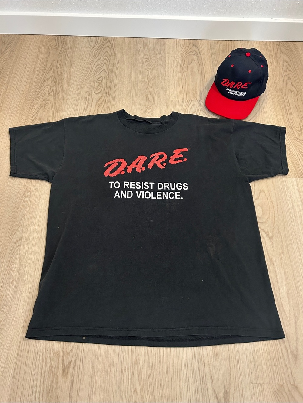 Y2K D.A.R.E. Graphic black XL Tee with Red Logo + D.A.R.E. hat bundle